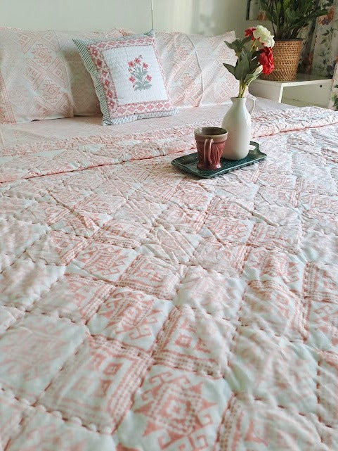 HAND BLOCK PRINT DOUBLE BEDSHEET AND QUILT BEDDING SET