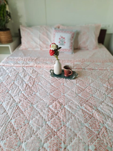 HAND BLOCK PRINT DOUBLE BEDSHEET AND QUILT BEDDING SET