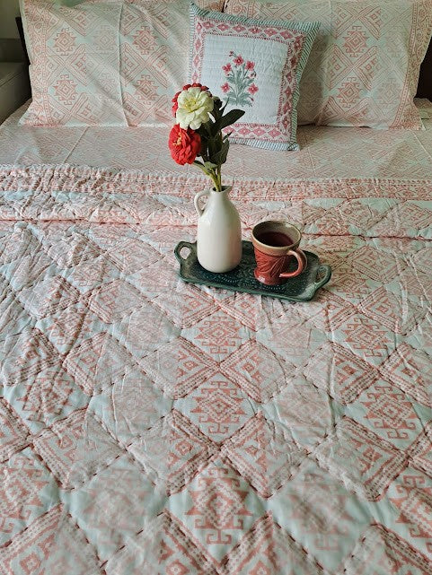 HAND BLOCK PRINT DOUBLE BEDSHEET AND QUILT BEDDING SET