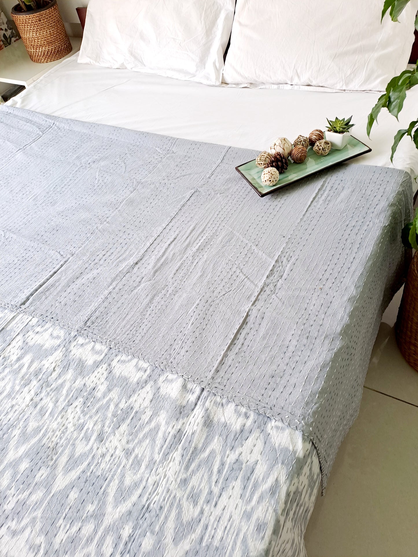 GREY KANTHA COTTON DOUBLE BED COVER