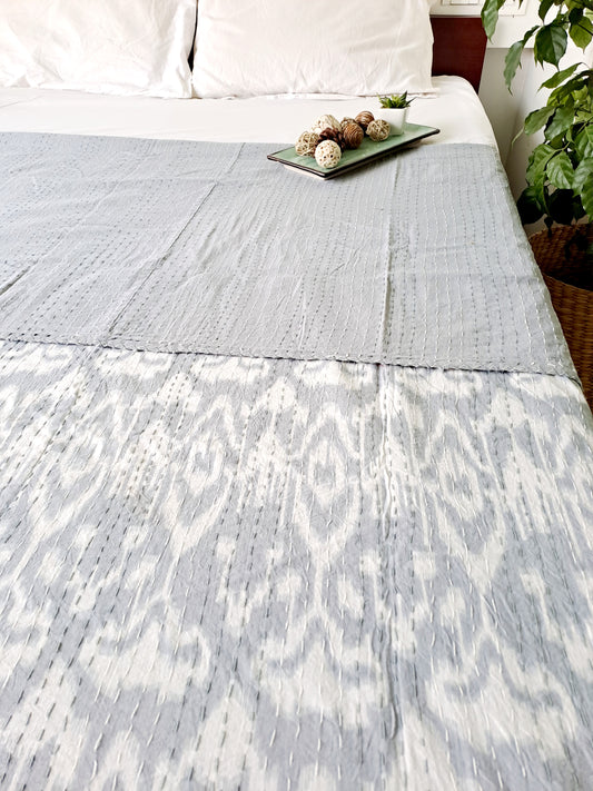 GREY KANTHA COTTON DOUBLE BED COVER