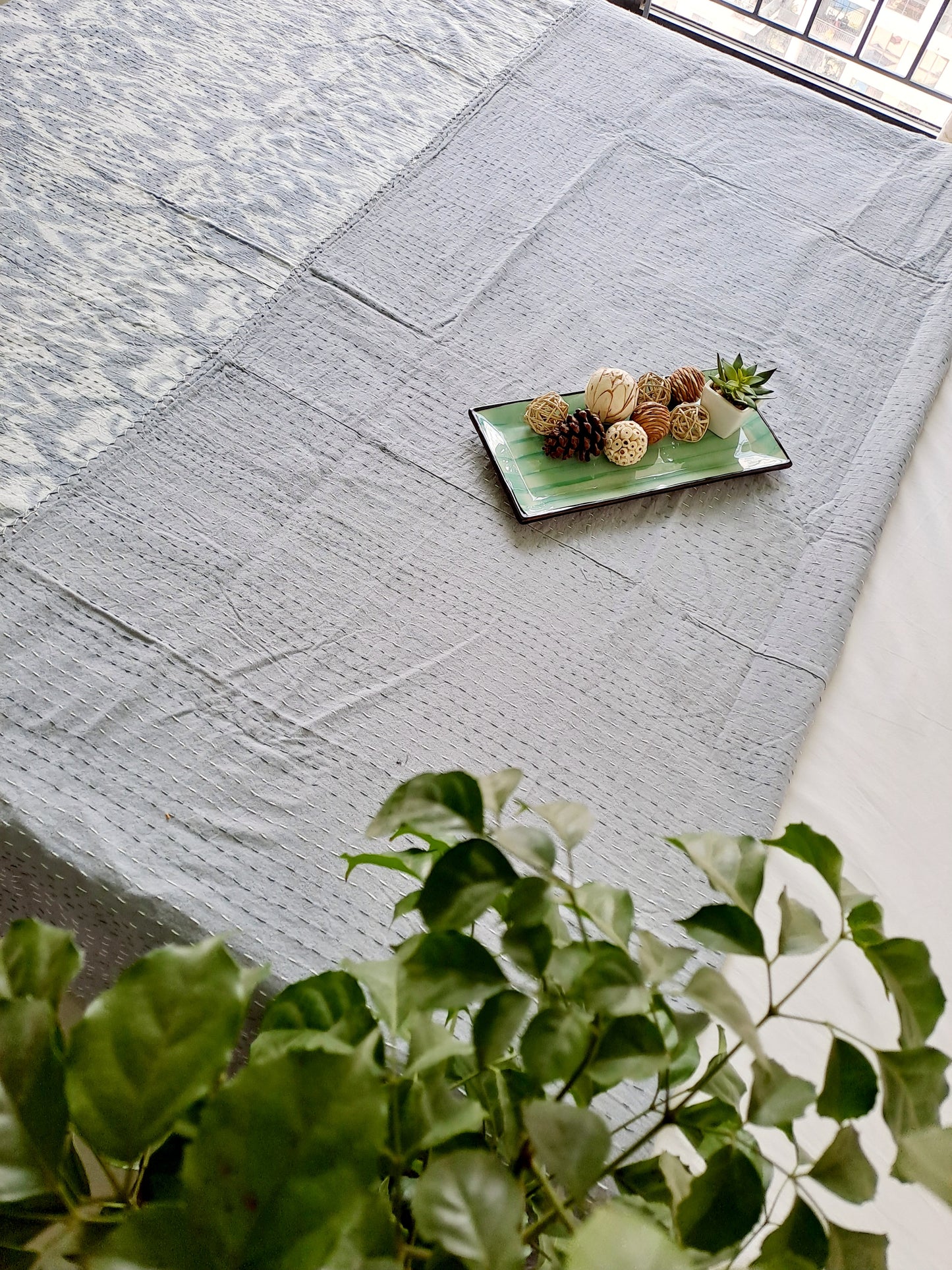 GREY KANTHA COTTON DOUBLE BED COVER