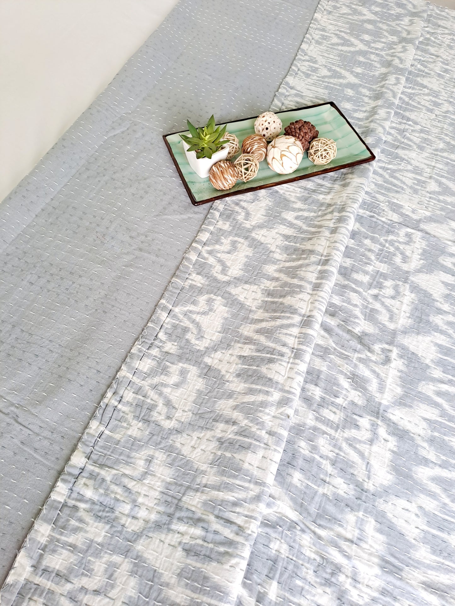 GREY KANTHA COTTON DOUBLE BED COVER