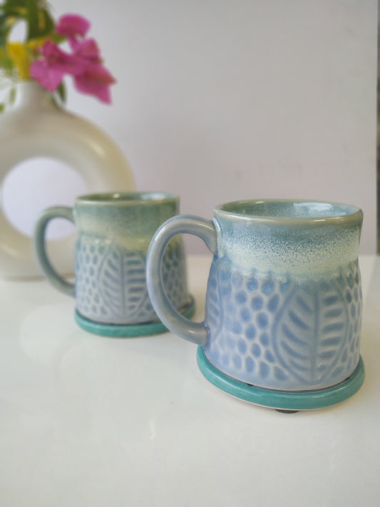 LEAFY BLUE COLOR CERAMIC MUG/CUP(SET OF 2)