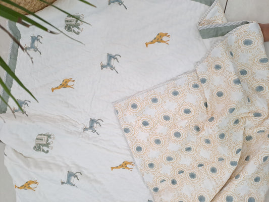 HANDBLOCK PRINTED REVERSIBLE COTTON KIDS (SINGLE) QUILT