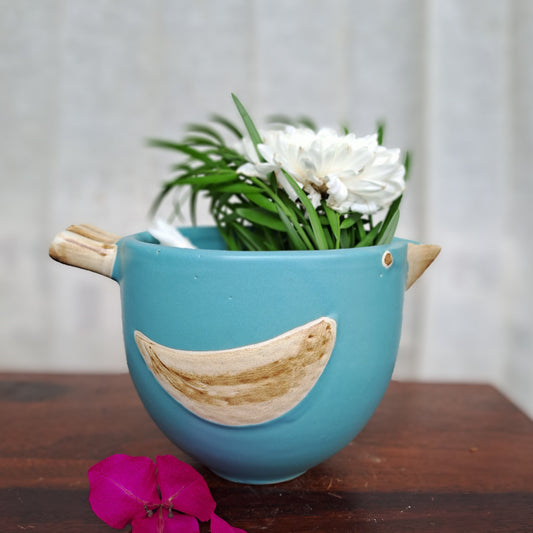 CERAMIC PEACOCK BLUE SMALL BIRD PLANTER