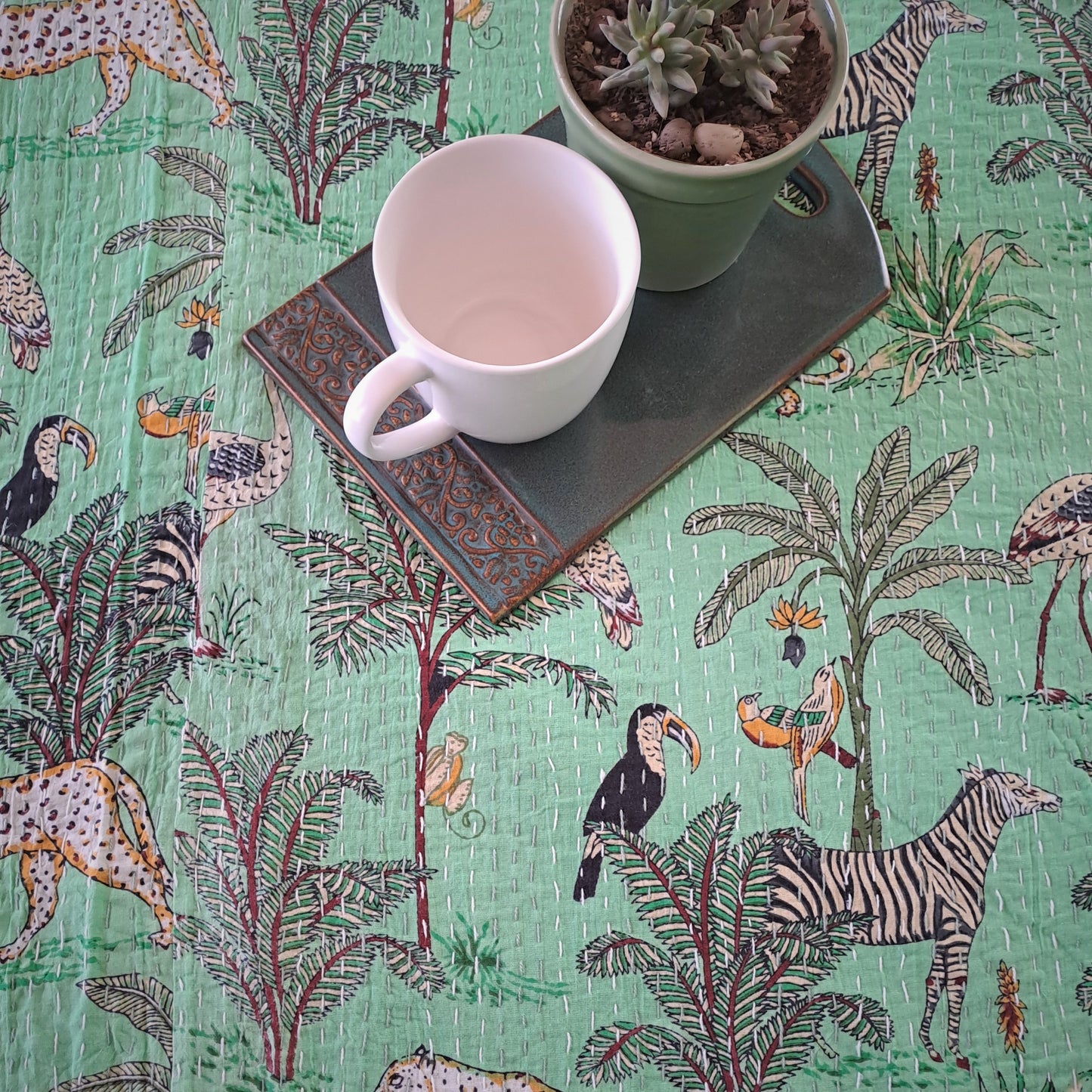 GREEN KANTHA COTTON BED COVER