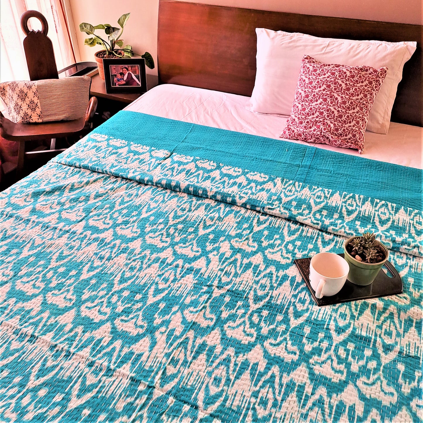 BLUE KANTHA COTTON DOUBLE BED COVER